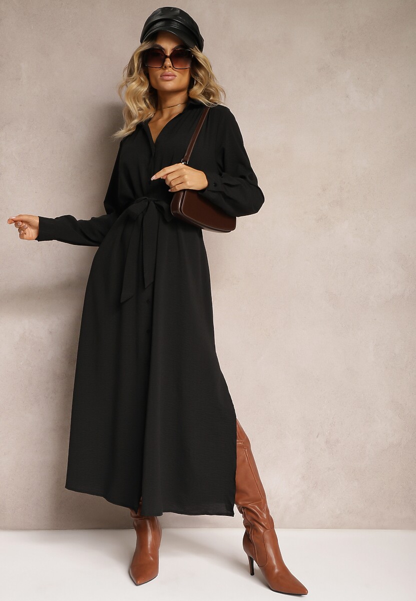 Czarna Casualowa Sukienka Koszulowa na Guziki z Kieszeniami Jezebel