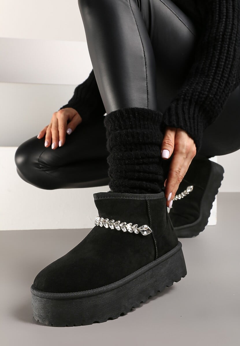 Czarne Śniegowce na Grubej Podeszwie z Ekozamszu Ozdobione Cyrkoniowym Łańcuszkiem Ninnalith