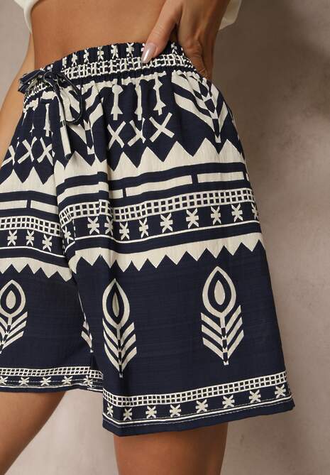 Granatowe Wiskozowe Szorty High Waist ze Wzorem Boho Lunadora
