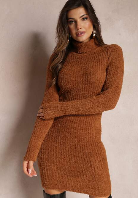 Brązowa Sweterkowa Sukienka Mini w Prążki z Wełną Klonxe