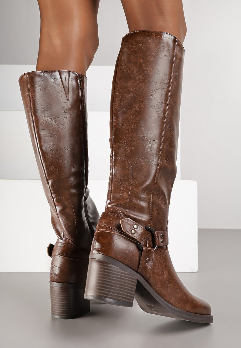 Ciemnobrązowe Kozaki na Obcasie w Stylu Bikerów z Okrągłą Klamrą Eziella