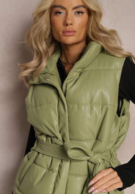 Zielona Kamizelka Pikowana z Wiązanym Paskiem z Ekoskóry Sotochus