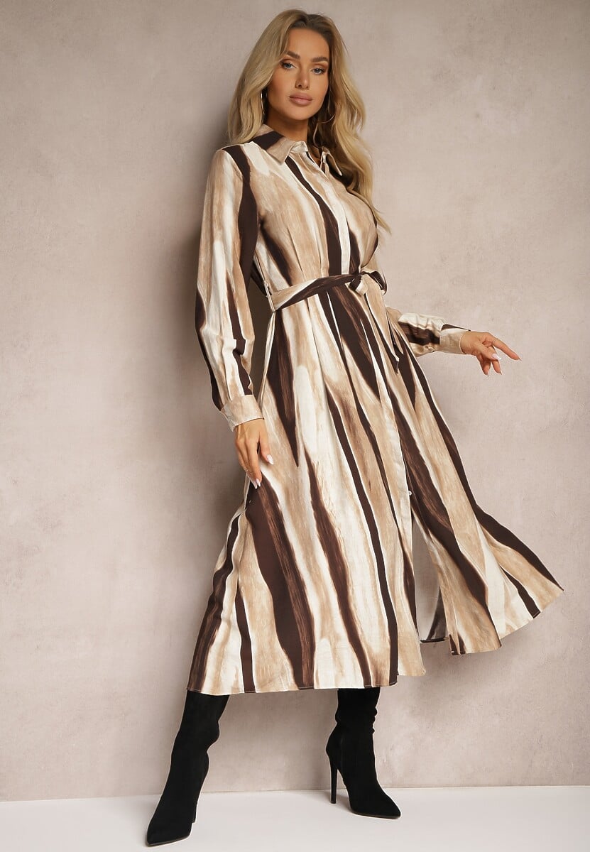 Brązowa Koszulowa Sukienka w Abstrakcyjne Paski o Długim Kroju z Gumką i Paskiem w Talii Nerithal