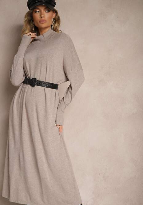 Beżowa Pudełkowa Sukienka Sweterkowa z Wiskozą i Golfem Rinnine