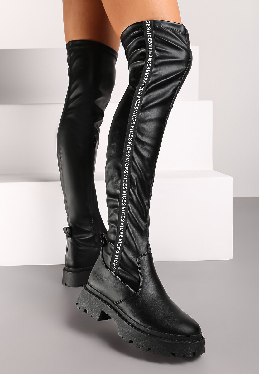 Czarne Kozaki z Ekozamszu z Dopasowaną Cholewką i Ozdobną Taśmą z Logo Naorema