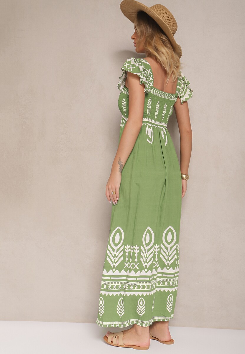 Zielona Wiskozowa Sukienka Rozkloszowana w Ornamentalny Wzór Lisaretia