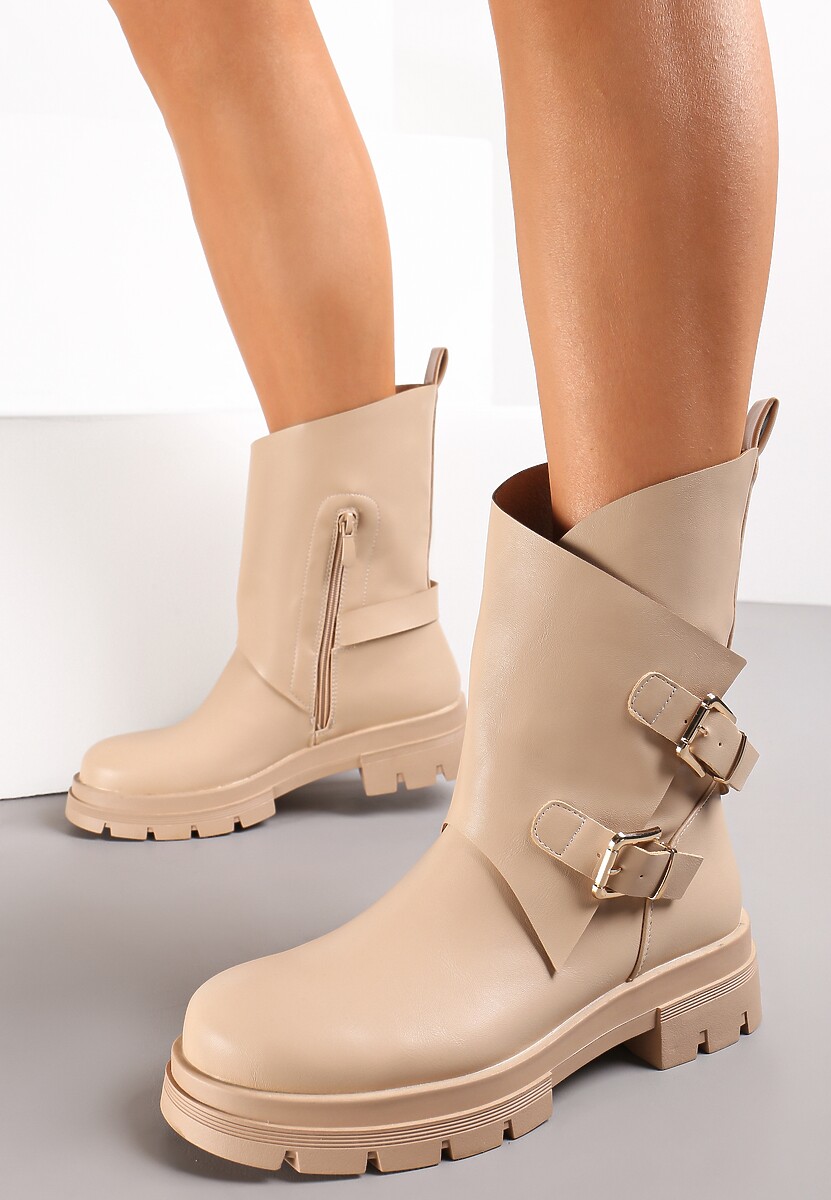 Ciemnobeżowe Botki z Klamerkami na Grubej Podeszwie Tisela