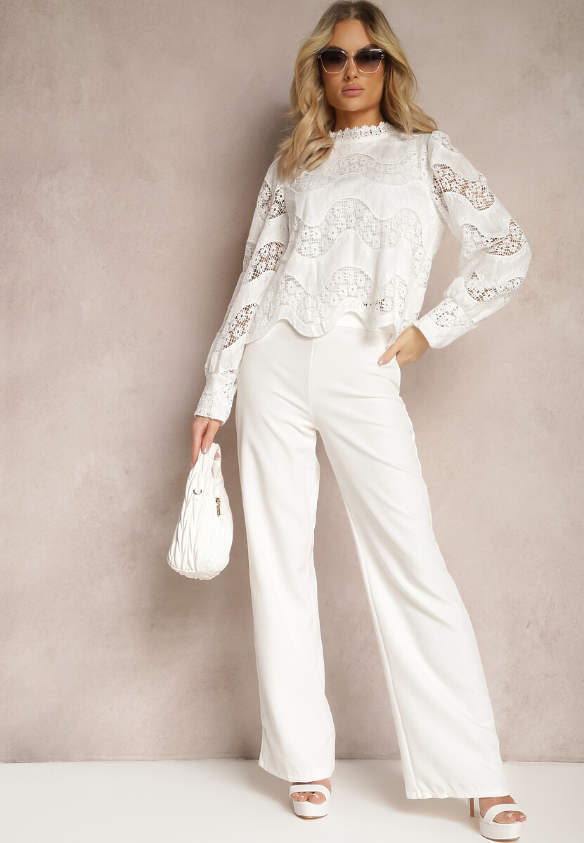 Biała Bluzka z Ozdobnymi Wstawkami z Koronki z Kwiatami Bioma