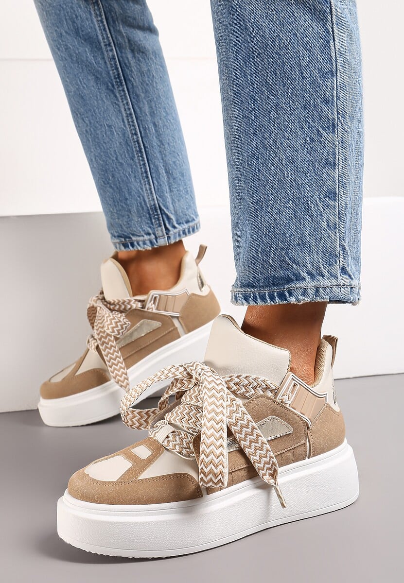 Beżowe Sneakersy Na Niskiej Platformie z Szerokimi Sznurówkami we Wzorek Vidira