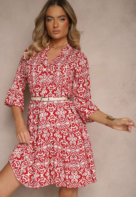 Czerwona Rozkloszowna Sukienka z Bawełny w Ornamentalny Wzór z Falbaną Lanariella
