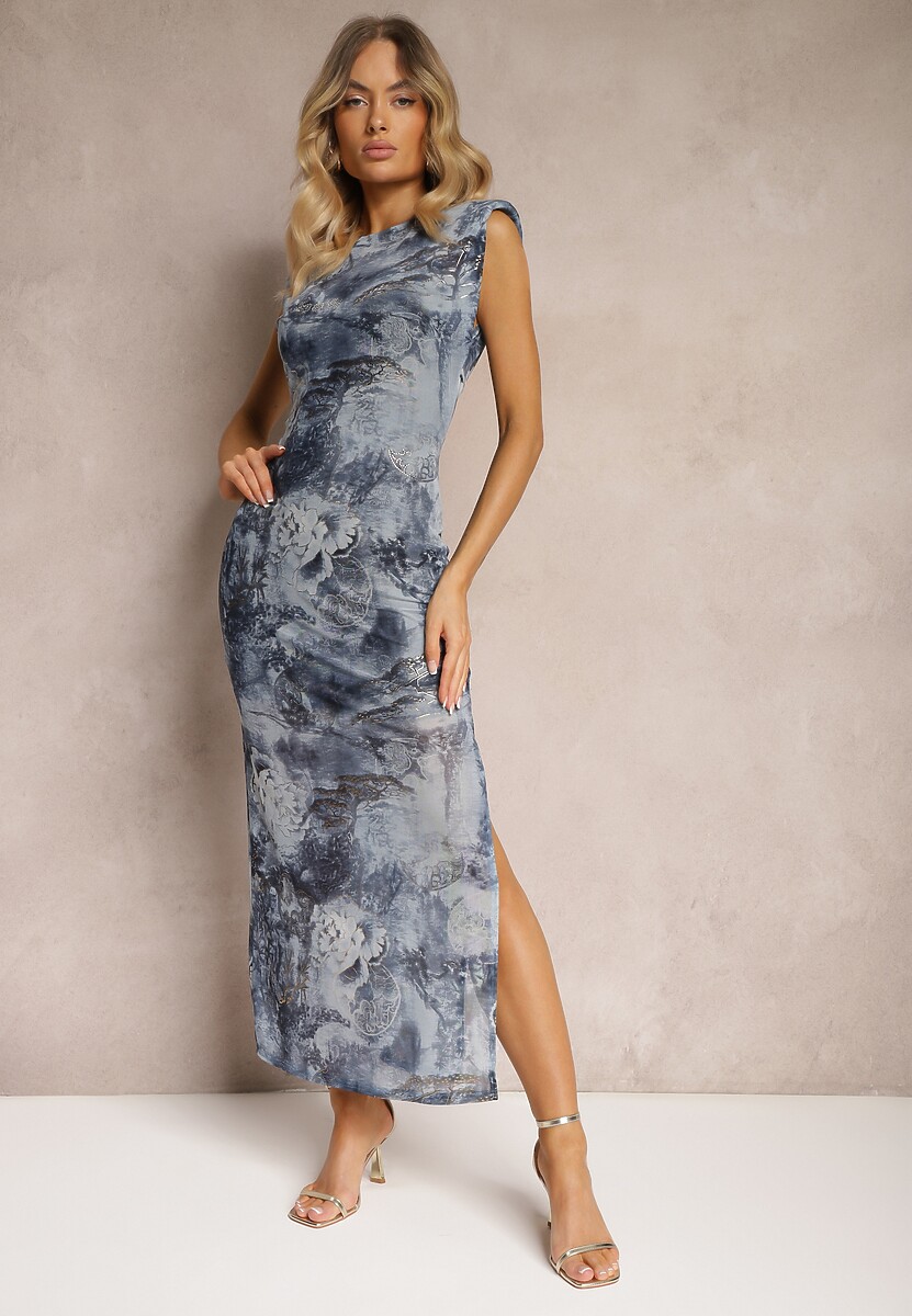 Niebieska Sukienka z Wiskozą o Dopasowanym Kroju Ozdobiona Metaliczną Nitką Stanea