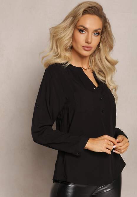 Czarna Bluzka z Wiskozy z Kieszeniami i Guzikami przy Dekolcie Somaile