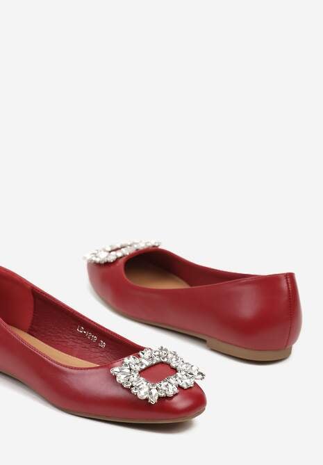 Bordowo-Czerwone Balerinki na Płaskiej Podeszwie z Metaliczną Ozdobą Oranivia
