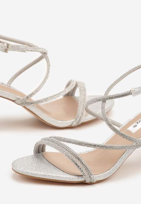 Srebrne Sandały na Słupku z Cyrkoniami i Brokatem Silanelle