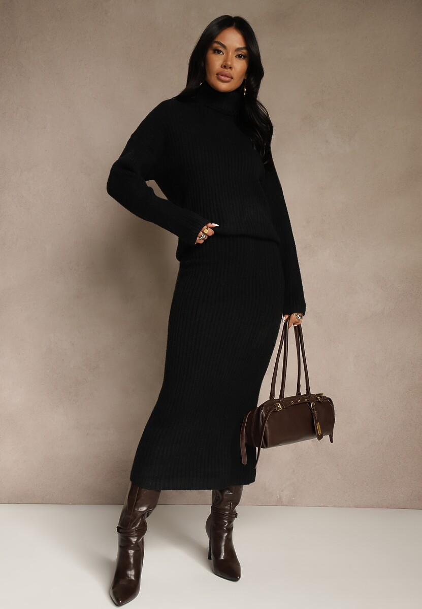 Czarny Komplet z Dzianiny z Wełną w Prążki Golf i Ołówkowa Spódnica Falirea