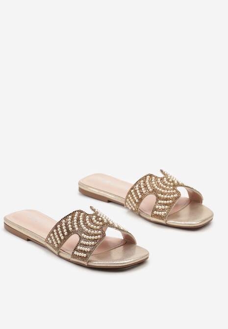 Złote Klapki na Płaskiej Podeszwie z Cyrkoniami i Koralikami Illiana
