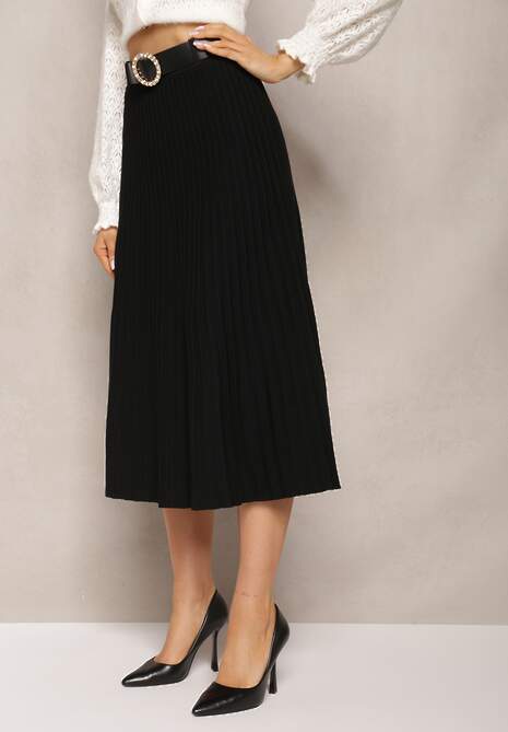 Czarna Midi Plisowana Spódnica z Gumką w Pasie i Paskiem z Ekoskóry Juara