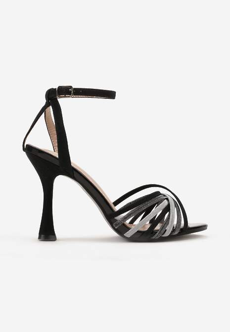 Czarne Sandały Zapinane wokół Kostki na Szpilce z Brokatem Naien
