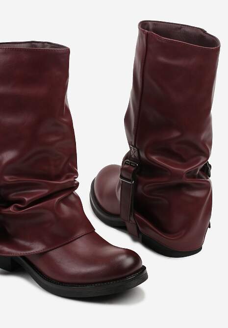Bordowe Botki Bikery z Wywiniętą Cholewką z Marszczeniem i Klamrą Fenilea