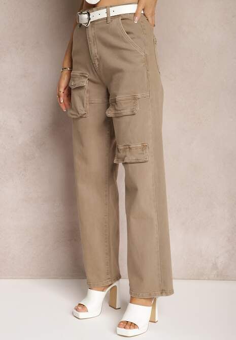 Jasnobeżowe Bawełniane Spodnie Bojówki z Prostymi Nogawkami i Kieszeniami z Klapami Aranduil