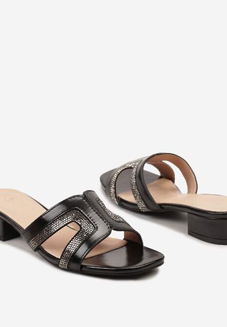 Czarne Klapki z Ekoskóry na Słupku z Cyrkoniami z Przodu Leavira