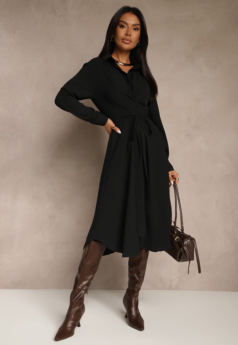 Czarna Sukienka Midi z Kołnierzykiem i Materiałowym Paskiem Rasik