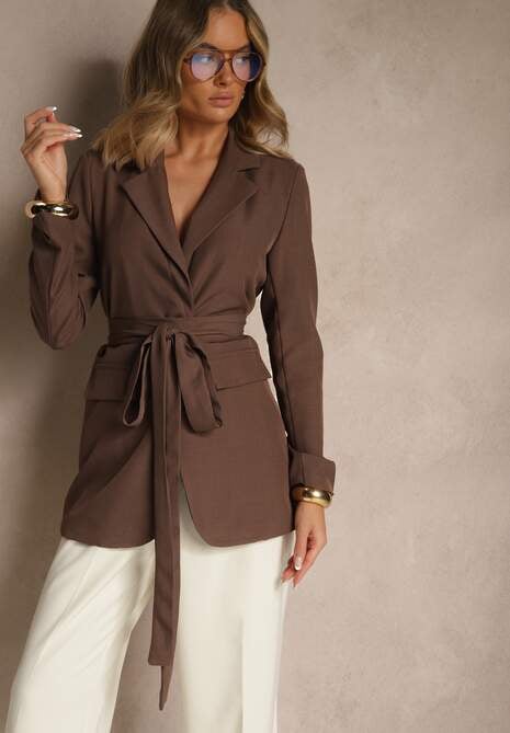 Brązowa Jednorzędowa Marynarka z Wiązanym Paskiem Valerienne