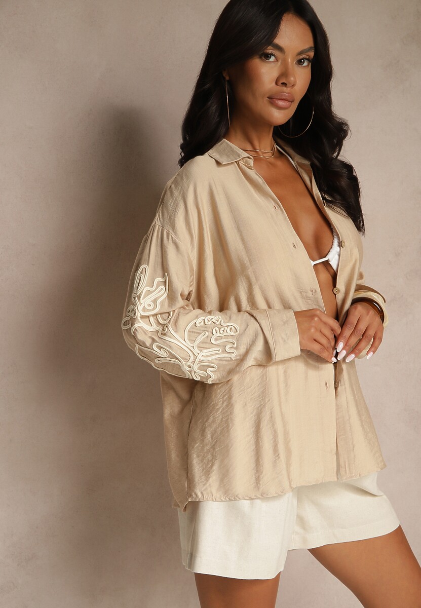 Beżowa Koszula Wiskozowa z Dodatkiem Lnu z Naszywkami na Rękawach Palenora