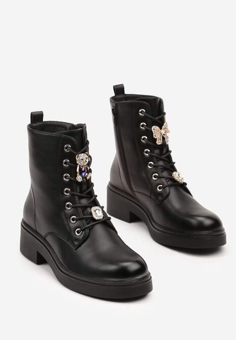 Czarne Botki Workery ze Sznurowaniem Ozdobionym Aplikacjami z Cyrkoniami Linnara