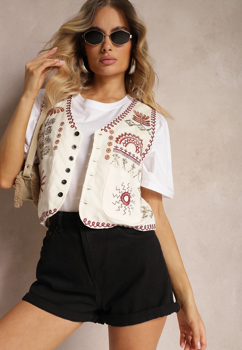 Jasnobeżowa Kamizelka z Bawełny Ozdobiona Haftem Zapinana na Guziki Eleasea