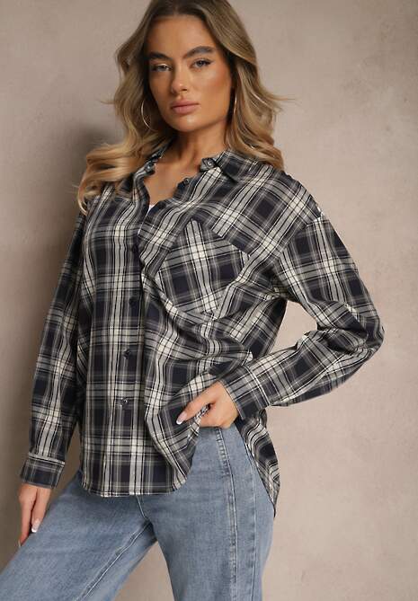 Czarna Bawełniana Koszula w Kratę z Pojedynczą Kieszonką Annisen