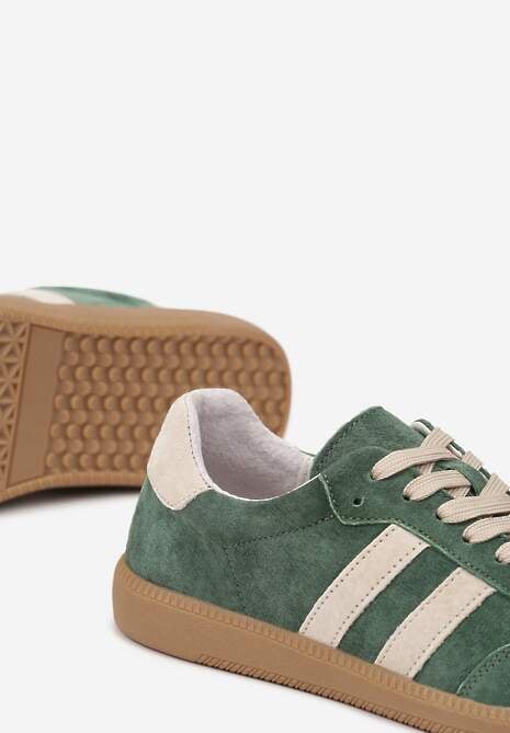Zielone Płaskie Sneakersy z Wkładką ze Skóry Naturalnej Ozdobione Paskami Neladria
