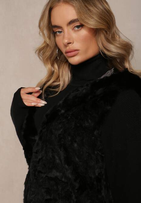 Czarna Kamizelka Futrzana z Kapturem Linie