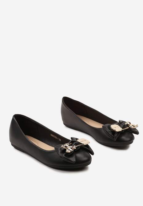 Czarne Casualowe Balerinki na Płaskiej Podeszwie Ozdobione Metalowym Elementem i Kokardą Timahel