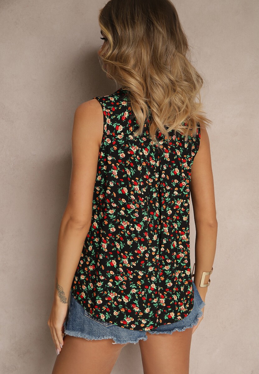 Czarna Wiskozowa Koszula w Kwiaty bez Rękawów Sarionna