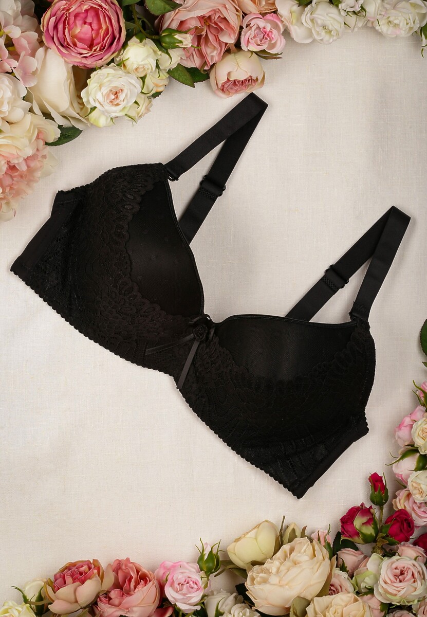 Czarny Biustonosz Full Cap Ozdobiony Koronką z Odpinanymi Ramiączkami Rillana