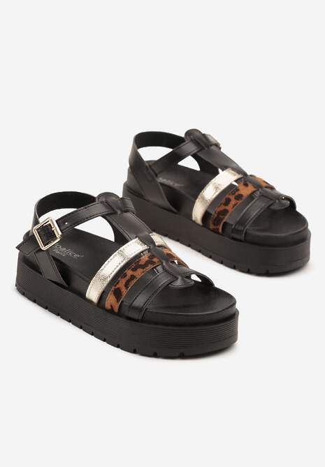 Czarne Sandały na Platformie Ozdobione Paskami i Wzorem w Panterkę Melrive