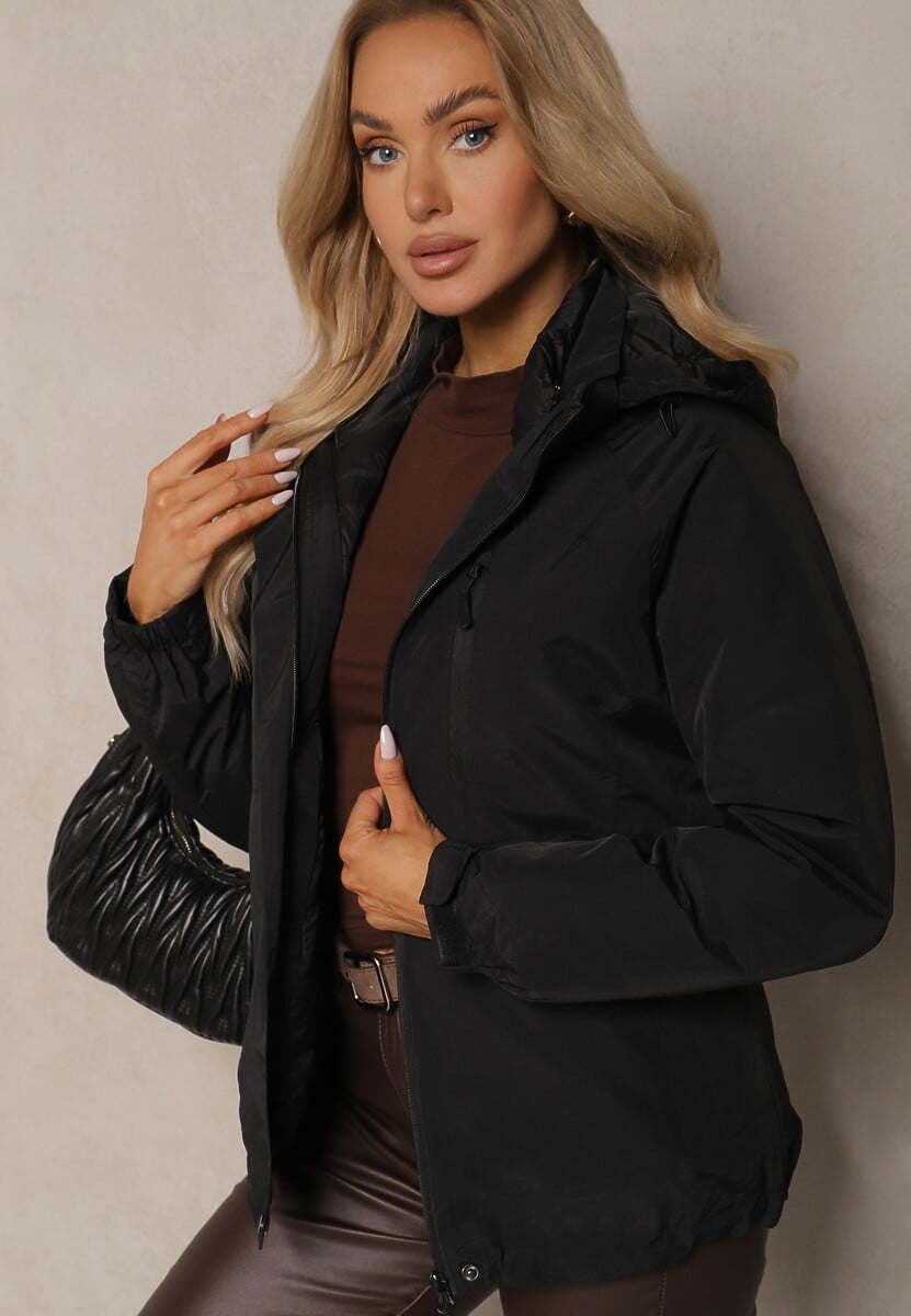 Czarna Kurtka Podwójna Pikowana i Wiatrówka z Odpinanym Kapturem oraz Ściągaczami Ravalorine