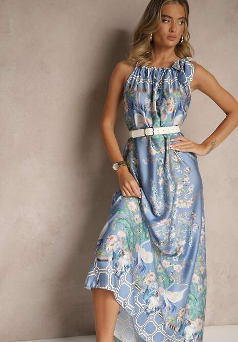 Granatowa Sukienka z Satyny Zdobiona Kwiatowym Wzorem i Wiązaniem Fenalesa