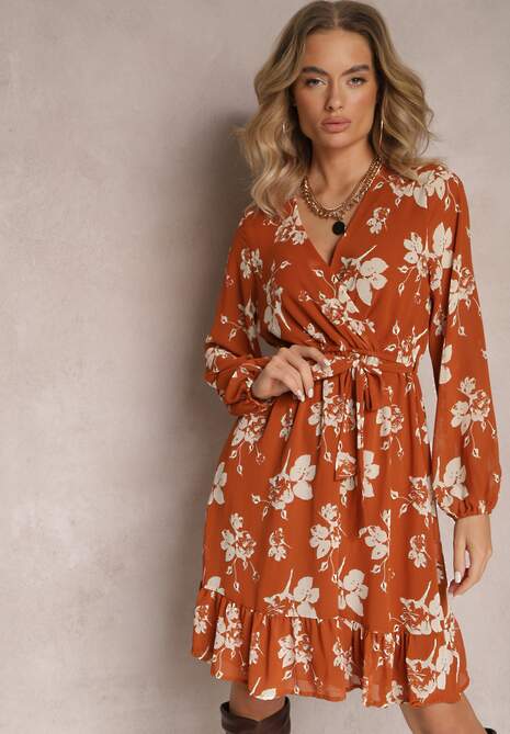 Jasnobrązowa Rozkloszowana Sukienka Mini w Kwiaty i Gumką w Pasie Elandri