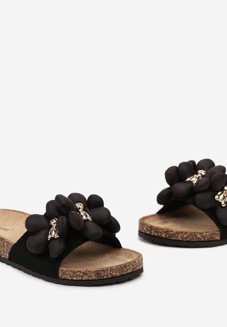 Czarne Klapki ze Złotymi Misiami i Kwiatkami na Profilowanej Podeszwie Isaralle