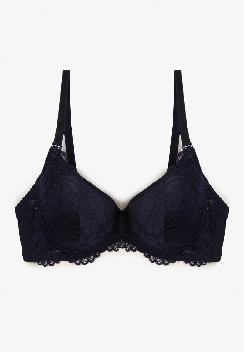 Granatowy Biustonosz Full Cup z Subtelną Koronką i Małą Kokardką Pisalia