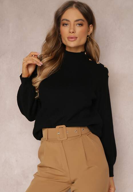 Czarny Sweter Dzianinowy z Długim Rękawem i Guzikami Kithi