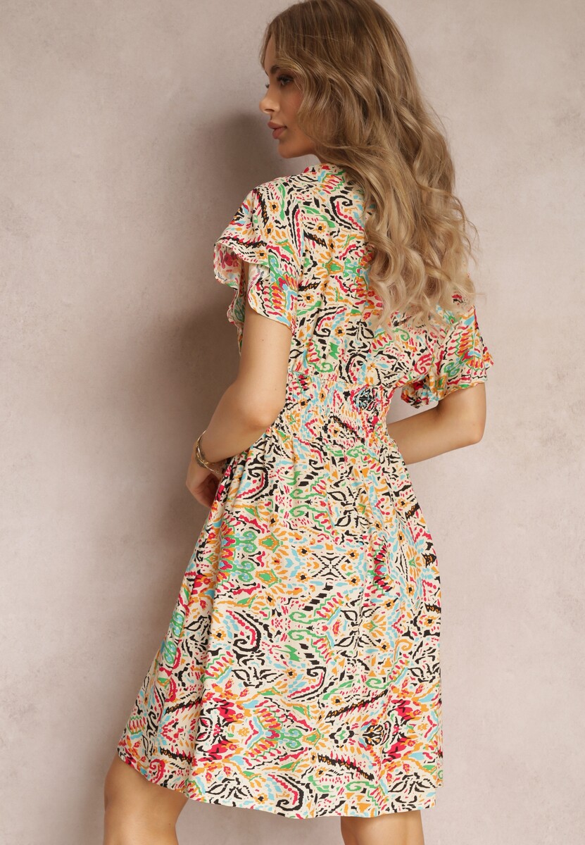 Beżowa Wiskozowa Sukienka z Gumką w Pasie Ozdobiona Abstrakcyjnym Printem Kemira