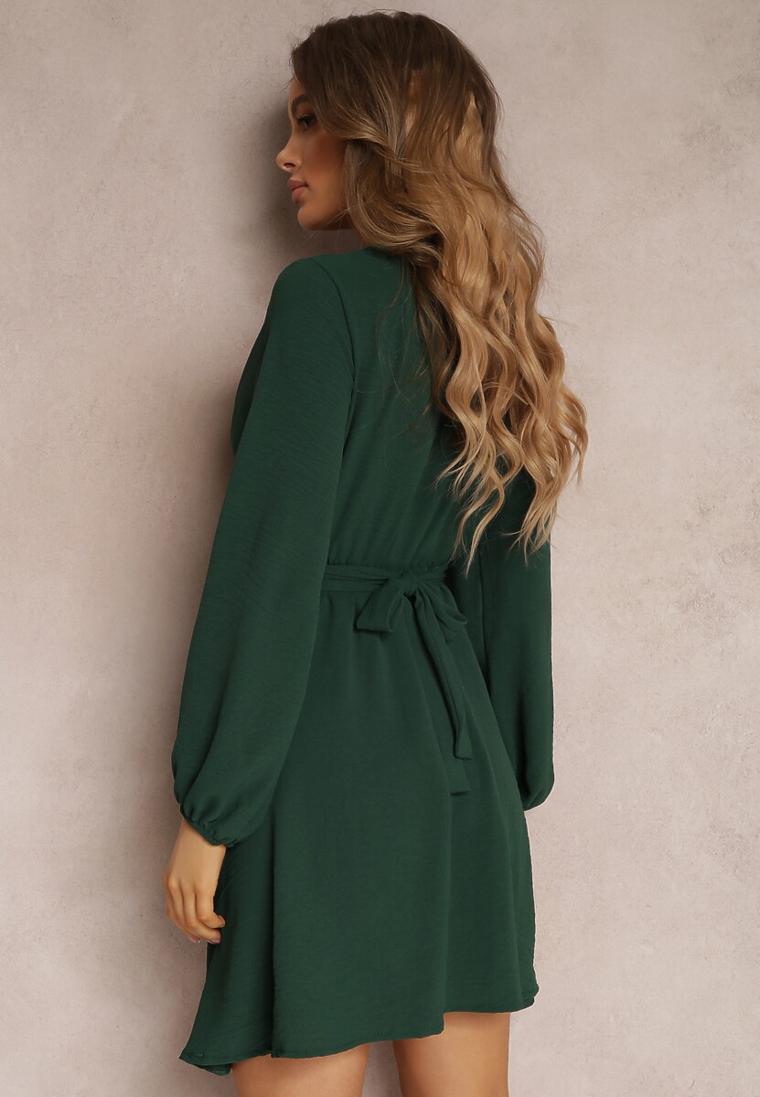 Ciemnozielona Sukienka Rozkloszowana z Gumką w Pasie Thelo
