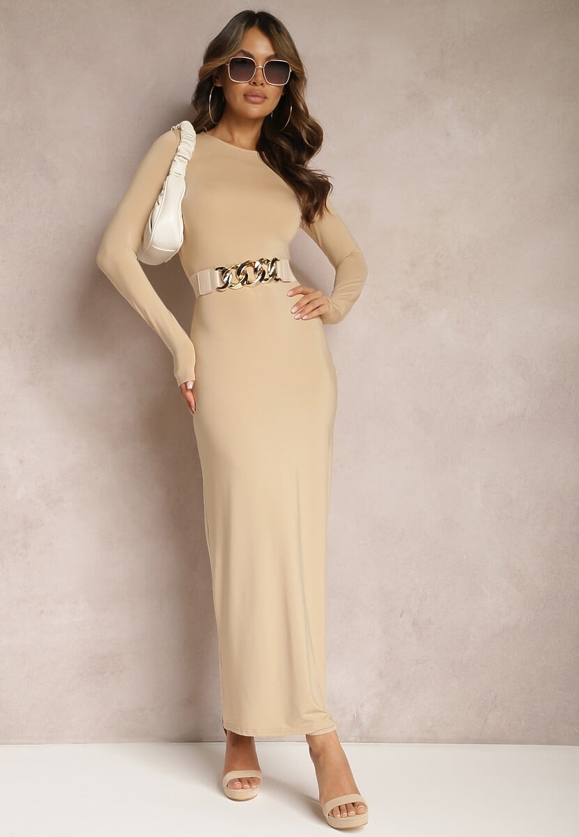 Beżowa Sukienka Maxi o Dopasowanym Kroju z Okrągłym Dekoltem Merilin
