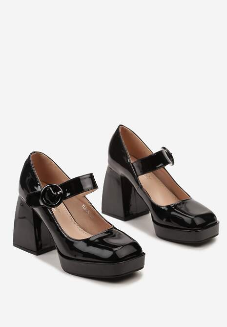 Czarne Lakierowane Czółenka na Obcasie i Platformie z Ozdobną Sprzączką Adlikra