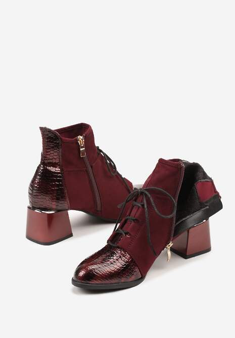 Bordowe Botki Typu Trzewiki Vices na Słupku Ozdobione Lakierowanymi Elementami Adenella