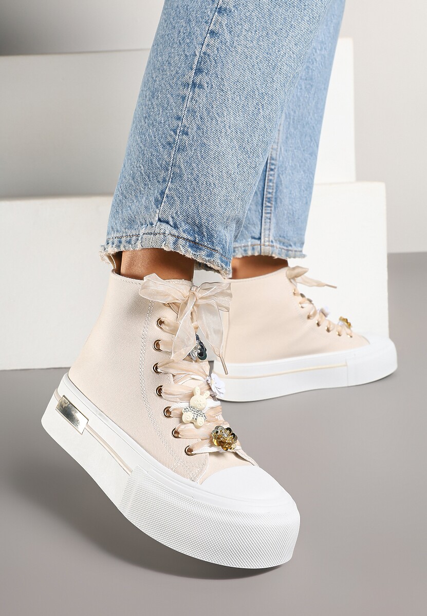 Beżowe Trampki na Platformie z Wysoką Cholewką Ozdobione Cyrkoniami Fenvisa