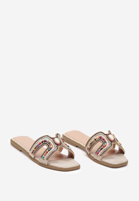 Ciemnobeżowe Klapki w Stylu Boho z Ozdobnymi Kamieniami i Plecionką Dimly